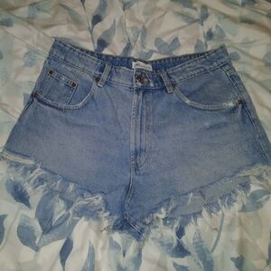 Zara Light Blue Frayed Jean Shorts